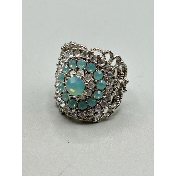 Blue Opalescent Rhinestones Ring Adjustable Silver Tone Wide Statement Jewelry - Picture 3 of 8